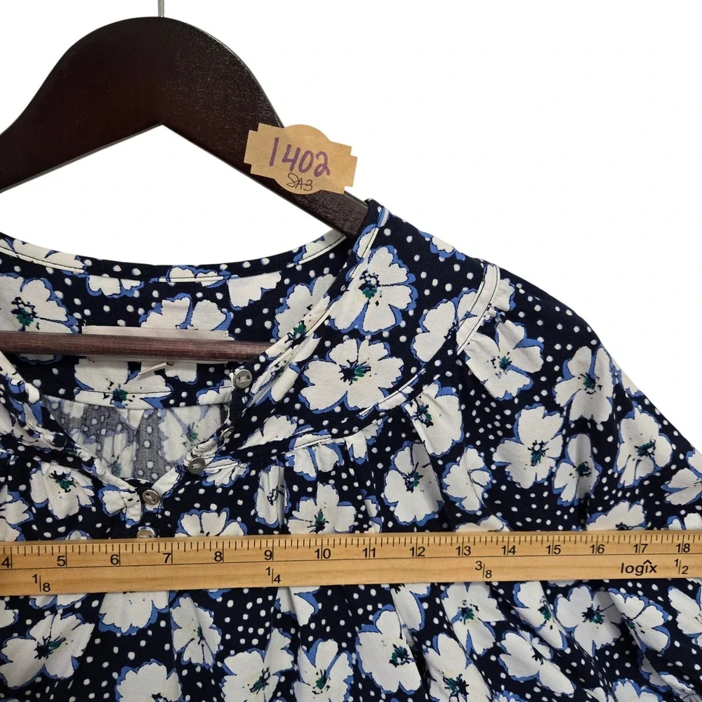 LOFT Petites‎ Navy Blue Floral Polka Dot Henley Puff Sleeve Blouse XSP RN140923